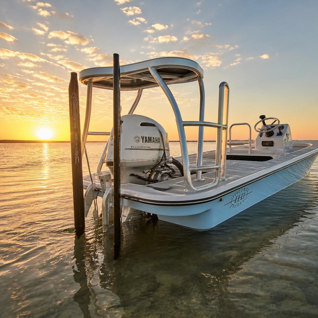 Bay boat with custom poling platform at sunrise